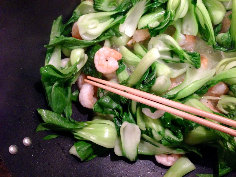 Cooking shrimp and baby bok choy